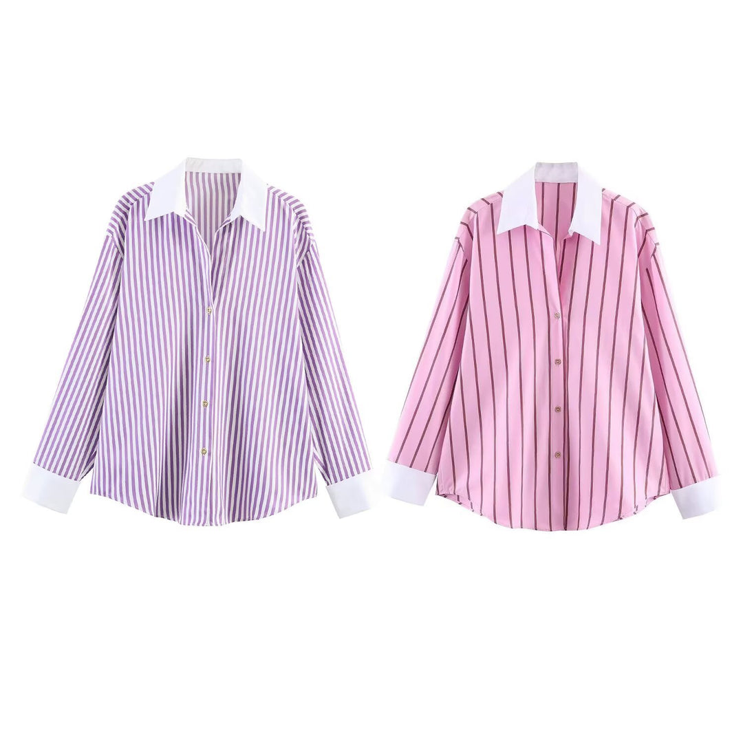 Women's Oversized Shirt Blouse with Contrast Collar, Cuffs and Vertical Stripe Pattern Mune Fashion