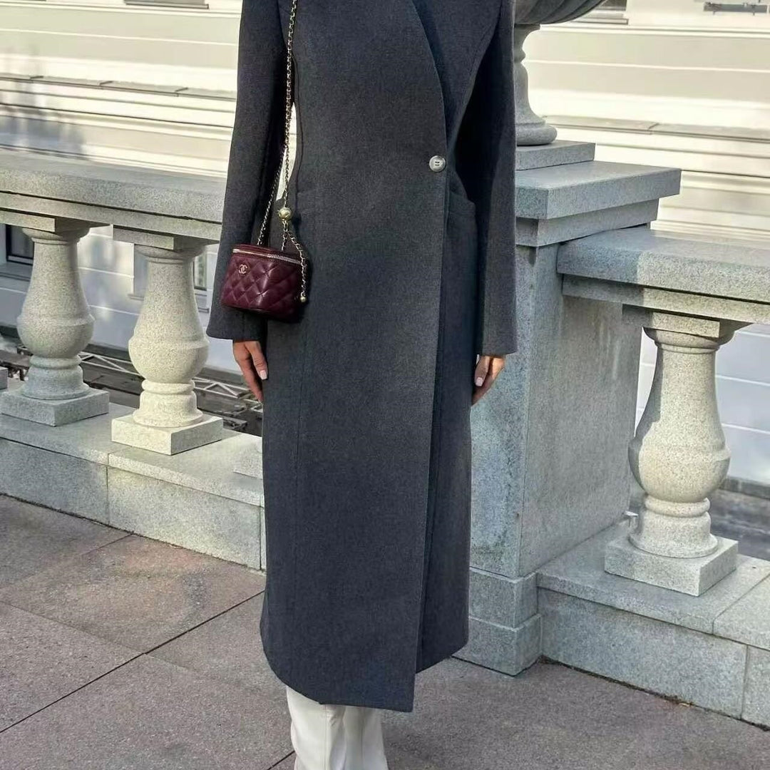 Ladies Elegant Wool Blend Long Coat with Shawl Collarless Look and Single Button Closure Mune Fashion
