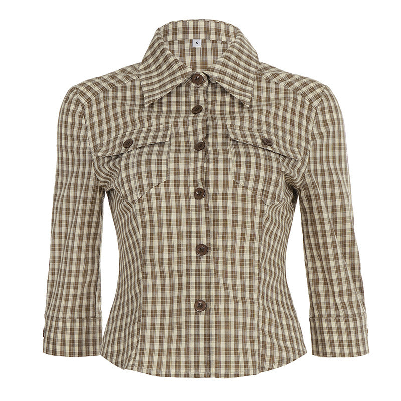 Women fitted three-quarter sleeve checked blouse with breast patch pockets and shirt collar Mune Fashion