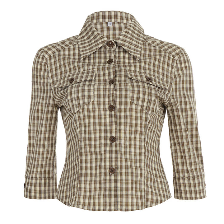 Women fitted three-quarter sleeve checked blouse with breast patch pockets and shirt collar Mune Fashion