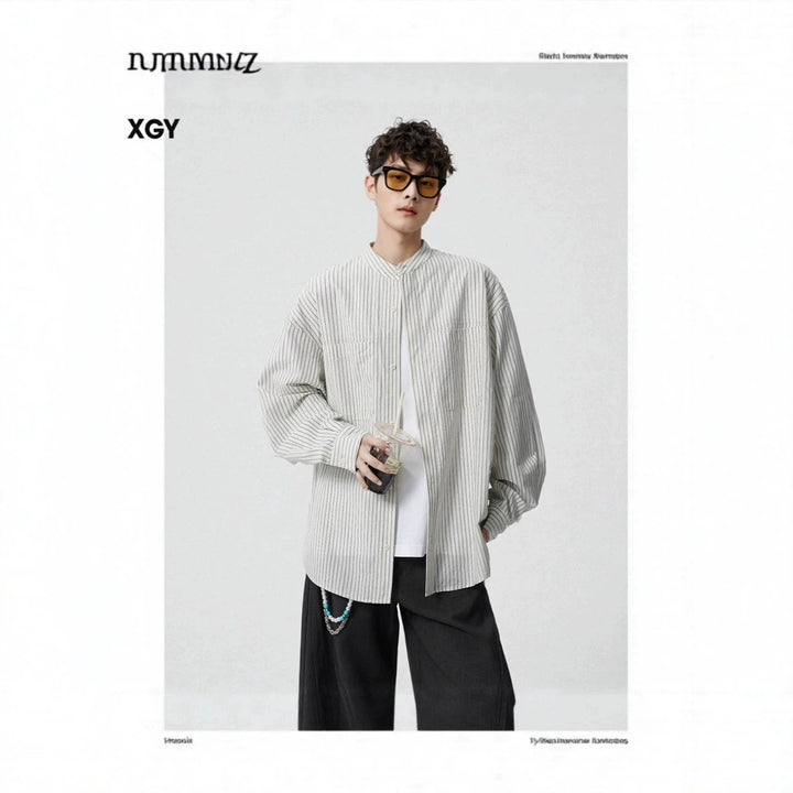 Men's Oversized Shirt with Standing Collar and Fine Pinstripe Mune Fashion