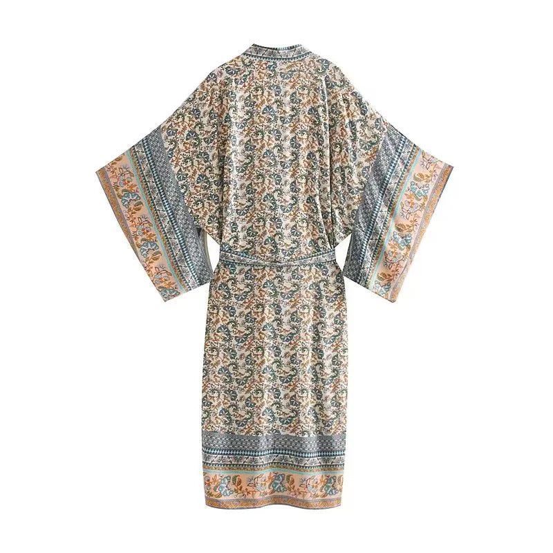 Women's Lightweight Boho Kimono Bathrobe with Belt and Floral Allover Print Mune Fashion