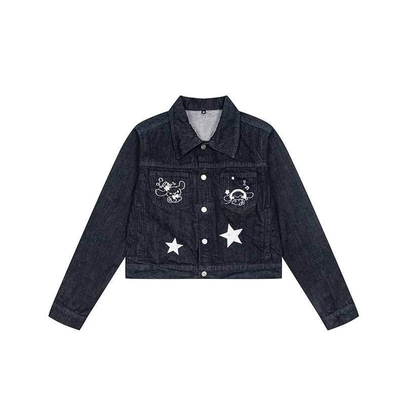 Women Short Cropped Denim Jacket with Star Applications and Cartoon Embroideries Mune Fashion