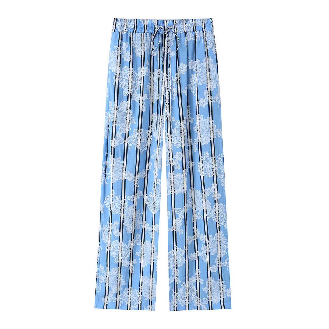 Women's wide palazzo pants with elastic drawstring waistband and floral lace look Mune Fashion