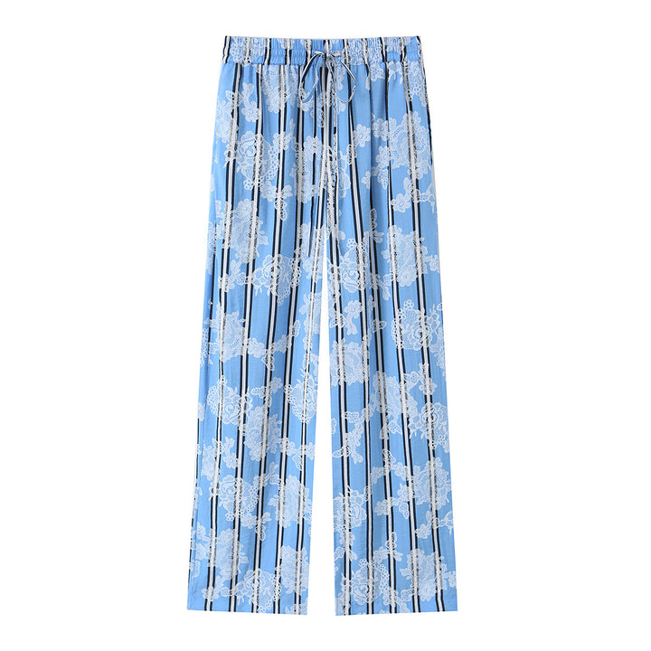 Women's wide palazzo pants with elastic drawstring waistband and floral lace look Mune Fashion