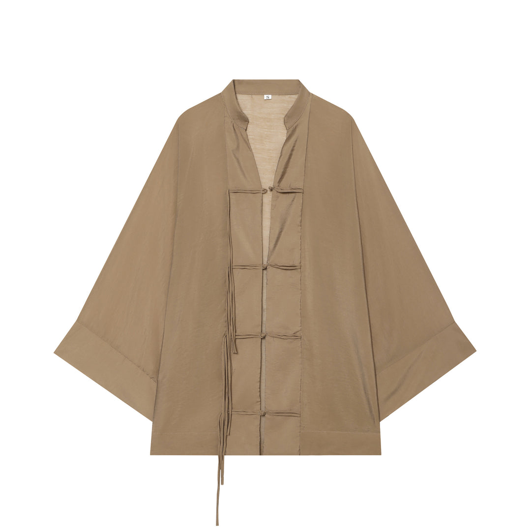 Women's Kimono-Cape Jacket with Chinese Button Closure and Long Tassels Mune Fashion