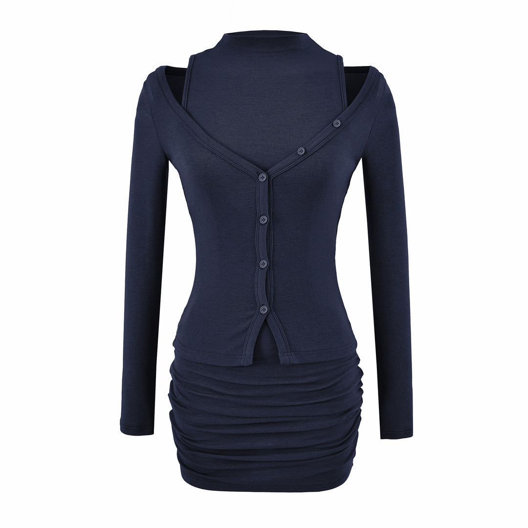 Ladies two-piece knit set with integrated high neck vest and asymmetric button cardigan Mune Fashion