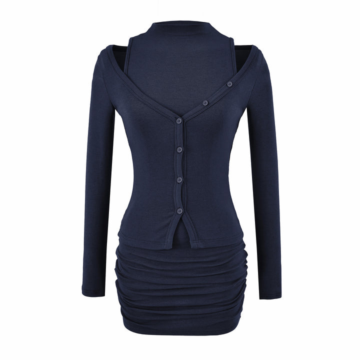 Ladies two-piece knit set with integrated high neck vest and asymmetric button cardigan Mune Fashion