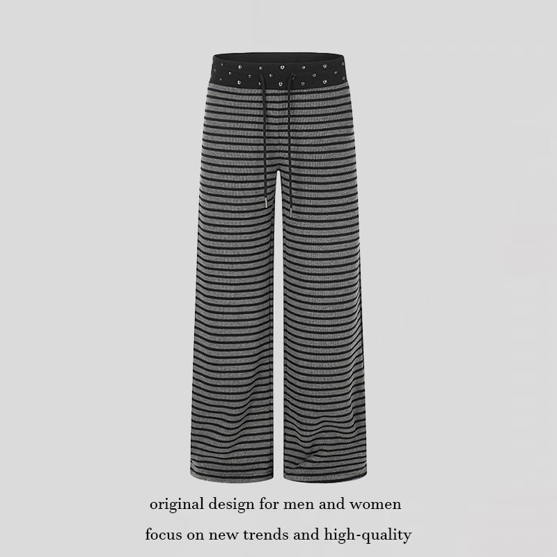 Women's Striped Palazzo Relax Pants with Studded Waistband and Drawstring Mune Fashion