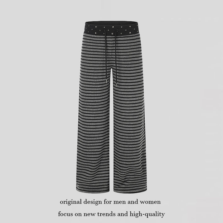 Women's Striped Palazzo Relax Pants with Studded Waistband and Drawstring Mune Fashion