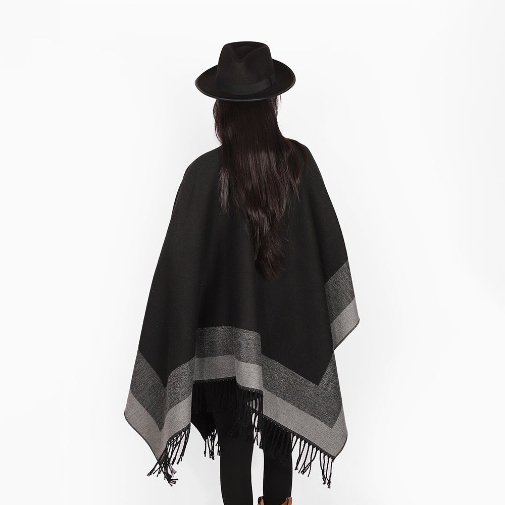 Women Rectangular Wool Blend Poncho Wrap with Open Front and Fine Fringe Hem Mune Fashion