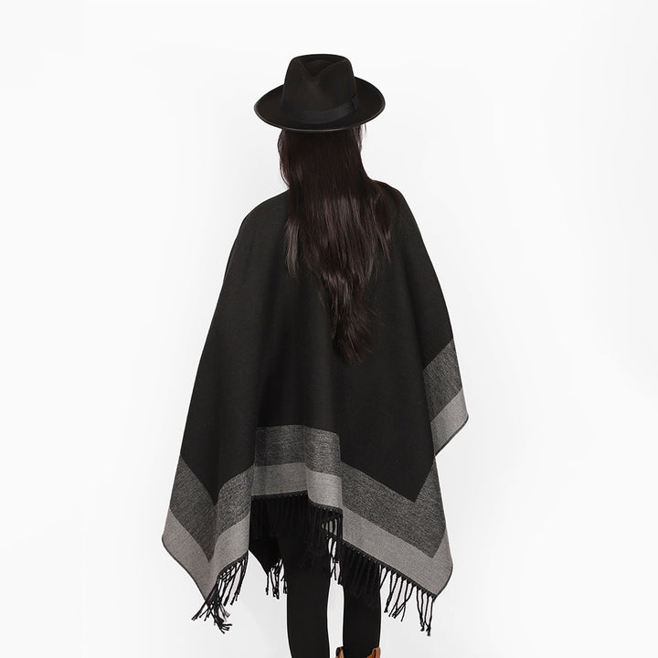 Women's wool blend cape poncho with contrasting edge, large oversized fall and fringe hem Mune Fashion