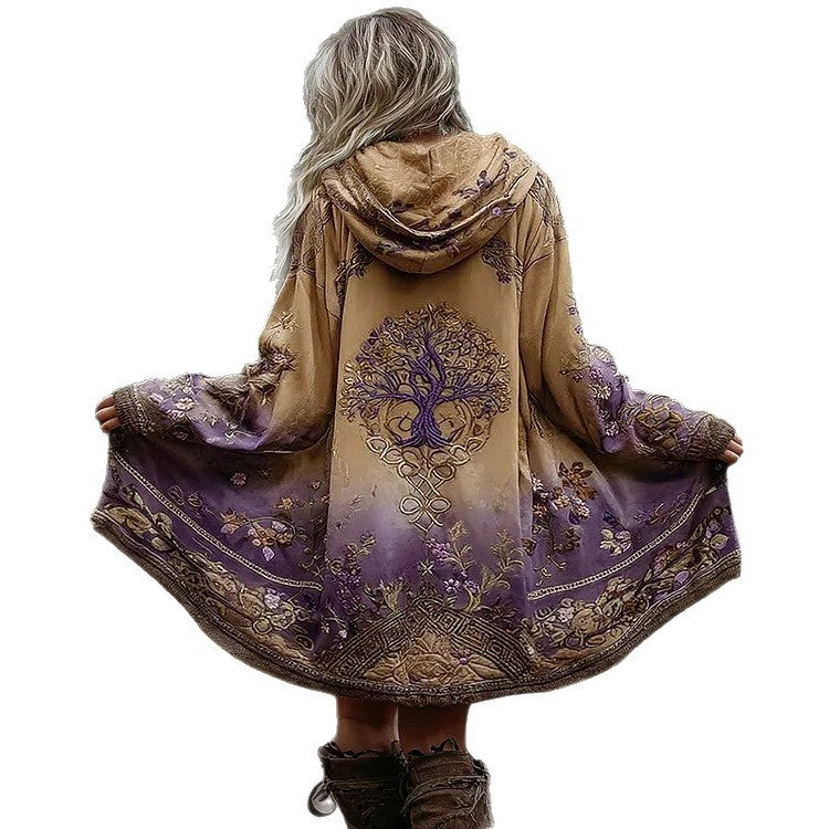 Women’s Boho Hooded Coat in Swing Cut with Tree Motif and Gradient Mune Fashion