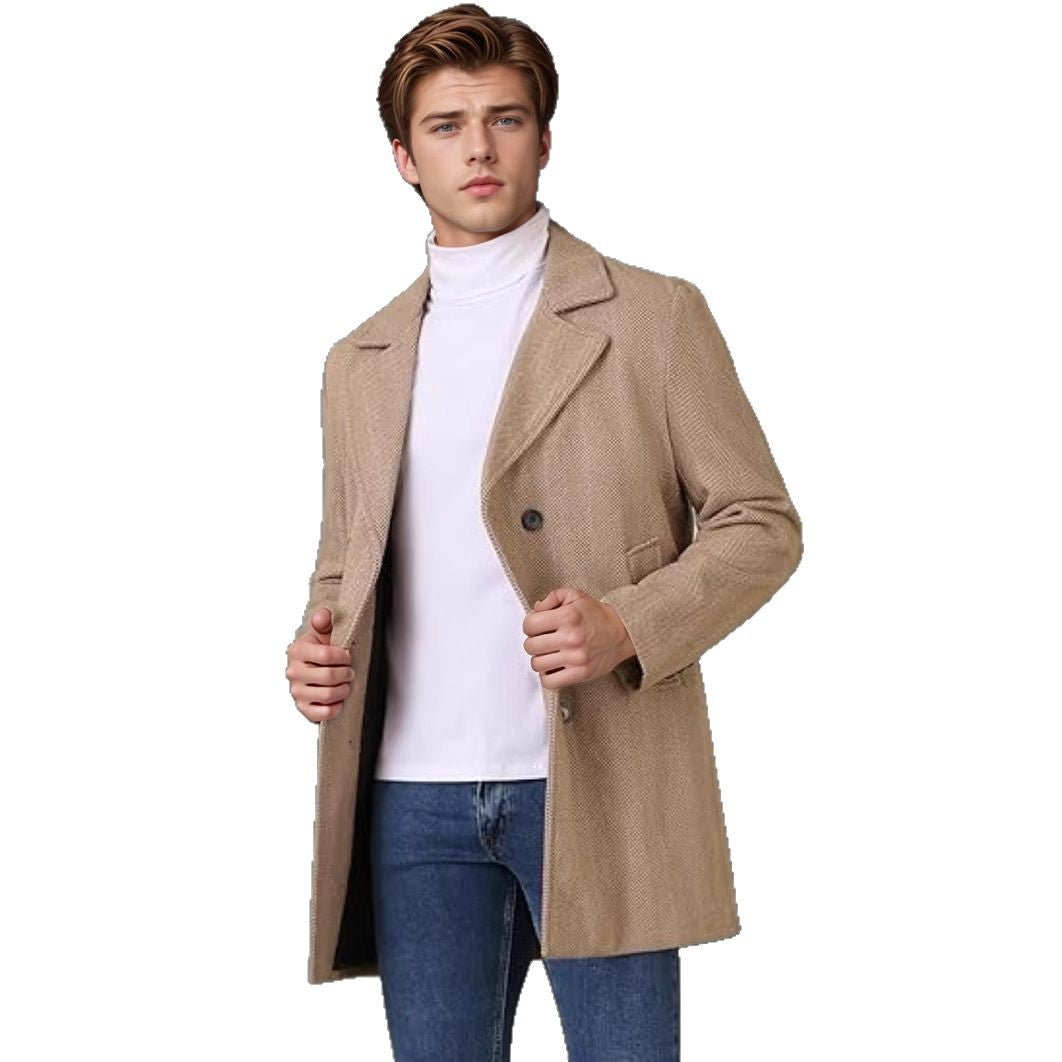 Men's Elegant Double-Breasted Coat with Textured Herringbone Pattern Mune