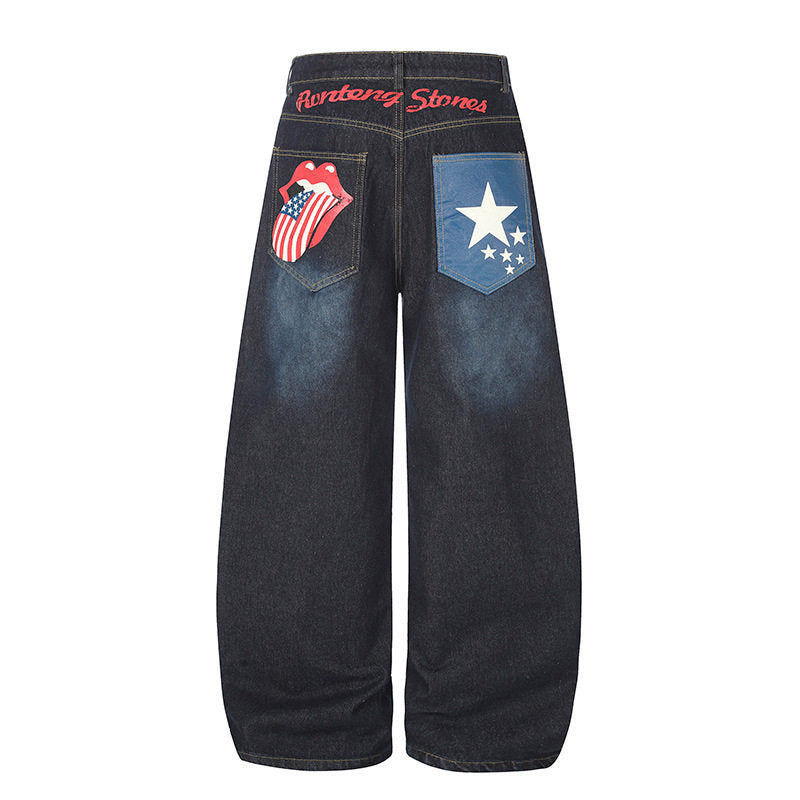 Women's High-Waist Wide Palazzo Jeans with Statement Patches and Retro Embellishments Mune Fashion