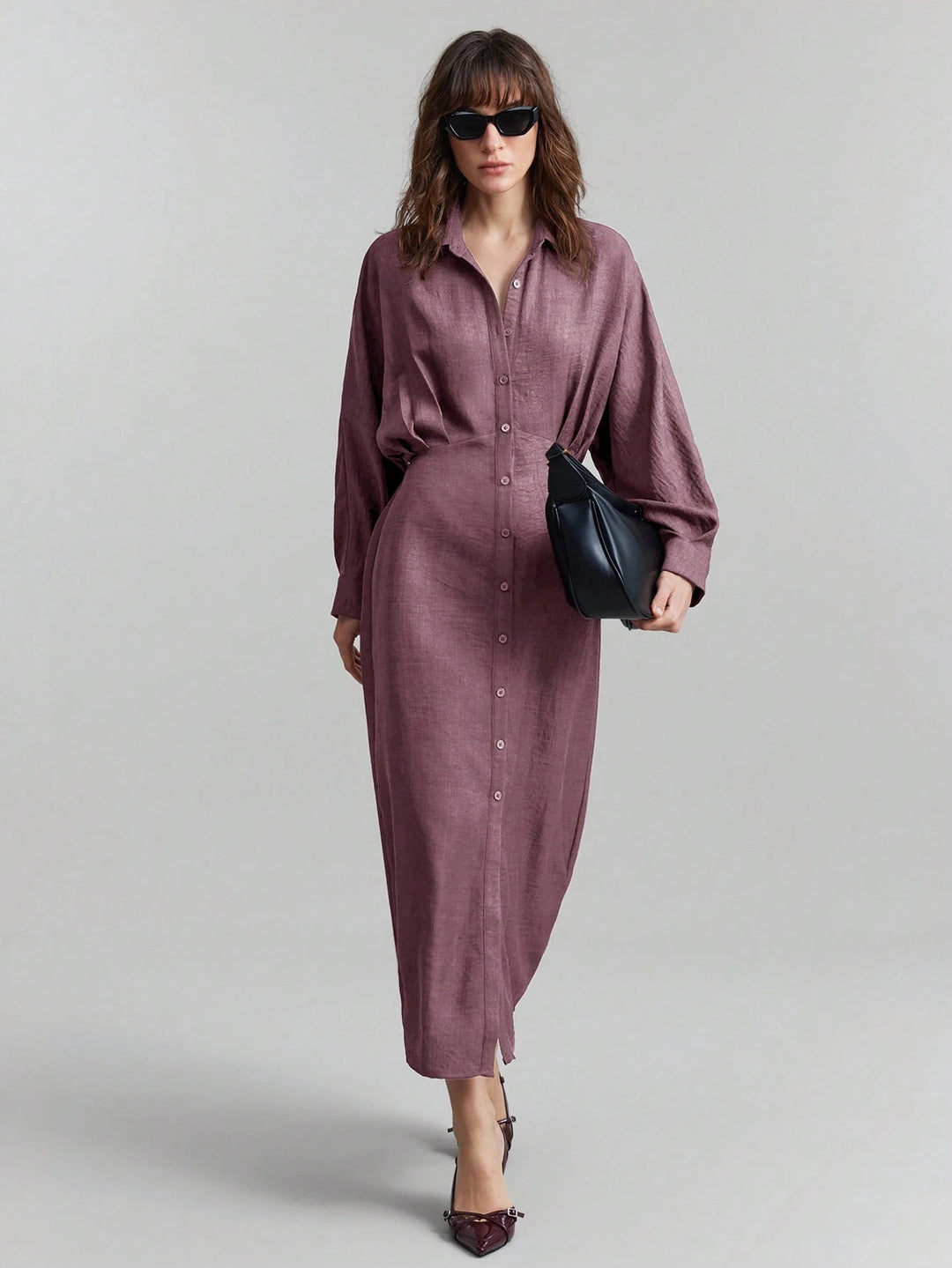 Women's linen maxi dress with shirt collar, full button placket, and batwing sleeves Mune Fashion