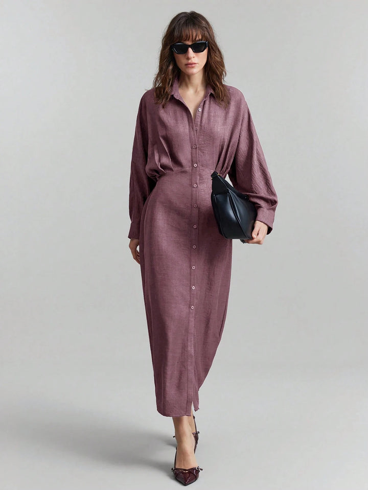 Women's linen maxi dress with shirt collar, full button placket, and batwing sleeves Mune Fashion
