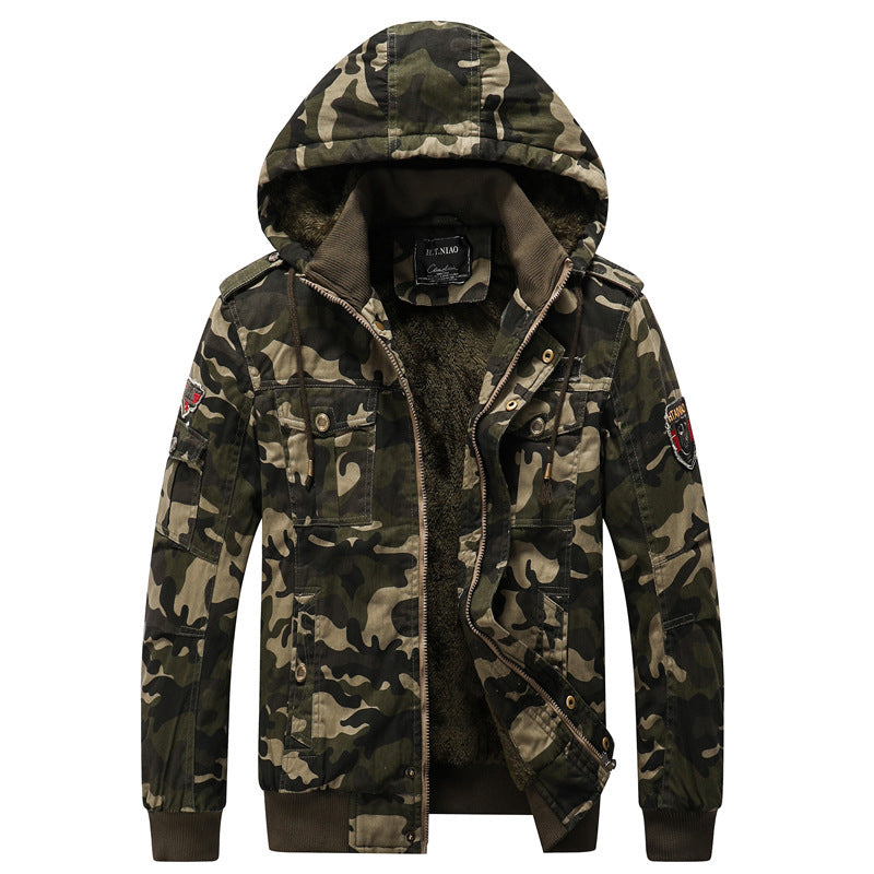 Men's Hooded Camouflage Field Jacket with Teddy Lining, Multiple Pockets and Ribbed Cuffs Mune Fashion