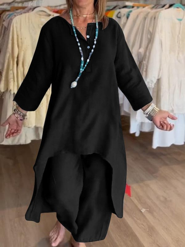 Women's Midi-Length Linen Tunic Set with Asymmetric Hem and Wide Palazzo Pants Mune Fashion