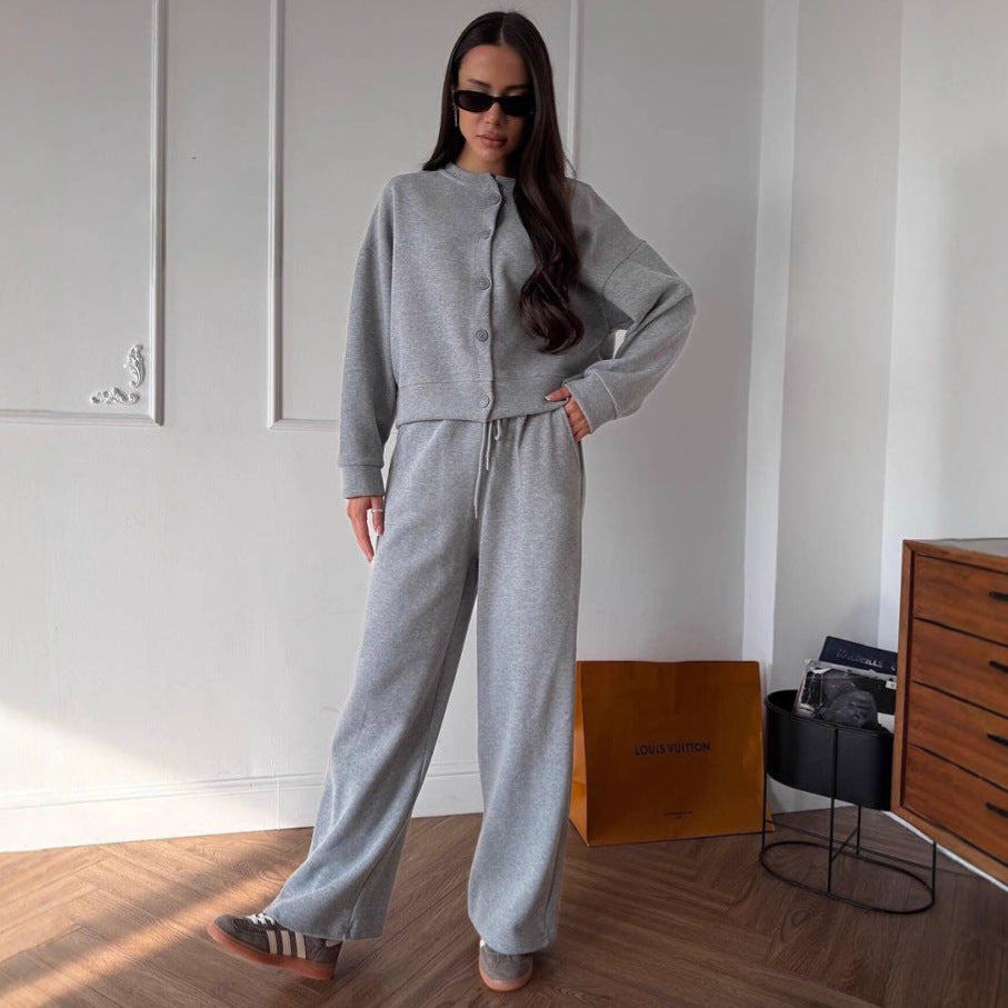 Women's Buttoned Cropped Lounge Set with Oversized Cardigan and High-Waisted Wide-Leg Jogging Pants Mune Fashion