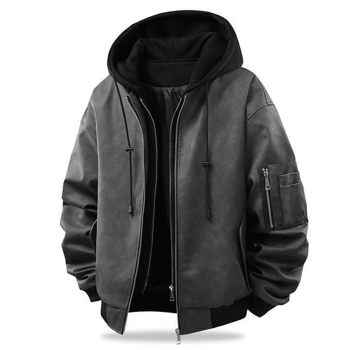Men's Oversized Faux Leather Bomber Jacket with Hood, Arm Pocket and Zipper Mune Fashion