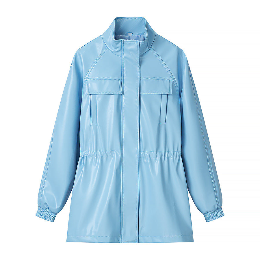 Women's faux leather parka with drawstring waist, stand-up collar, and flap pockets Mune Fashion