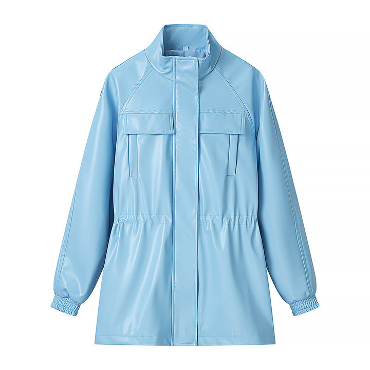 Women's faux leather parka with drawstring waist, stand-up collar, and flap pockets Mune Fashion