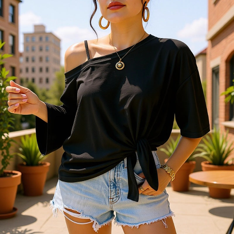 Women's casual top with floral design and side knot Mune Fashion
