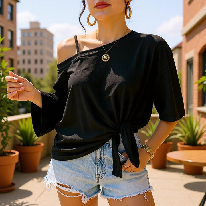Women's casual top with floral design and side knot Mune Fashion