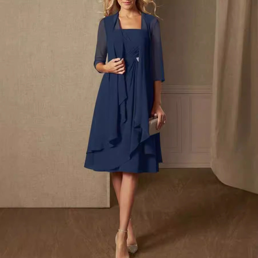 Women's Chiffon Evening Dress with Bolero and Asymmetrical Layered Skirt Mune Fashion