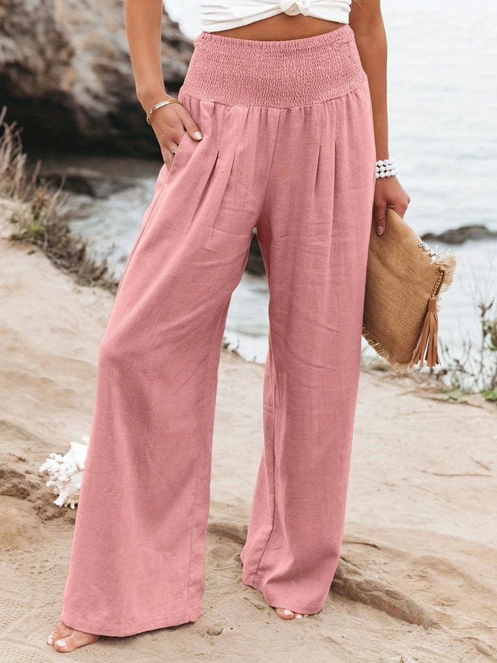 Women's Wide Linen Pants with Smocked Band and Side Pockets Mune Fashion