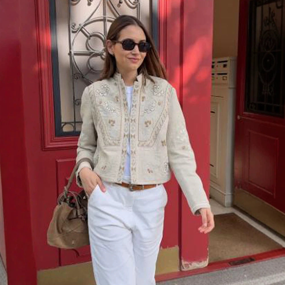 Women's short jacket made of linen blend with elaborate embroidery, stand collar, and tailored silhouette Mune Fashion