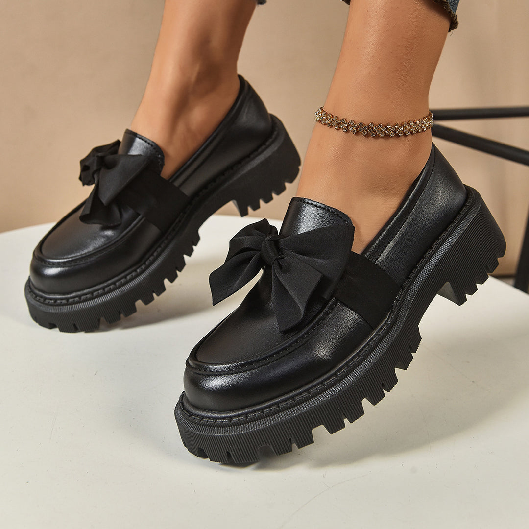 Women's Shiny Platform Loafers with Oversized Decorative Bow and Chunky Profile Sole Mune Fashion