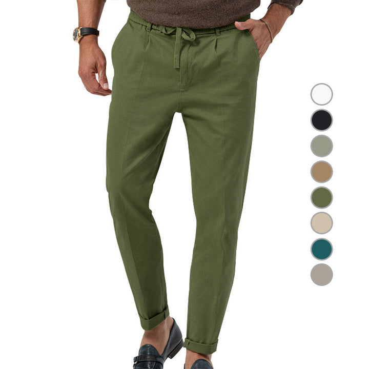 Men's Tapered Linen-Cotton Pants with Elastic Waistband, Drawstring and Cuffs Mune Fashion