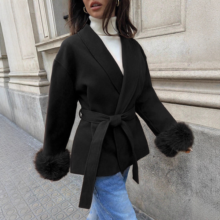 Women's short coat with faux fur cuffs, shawl collar and wrap belt Mune Fashion