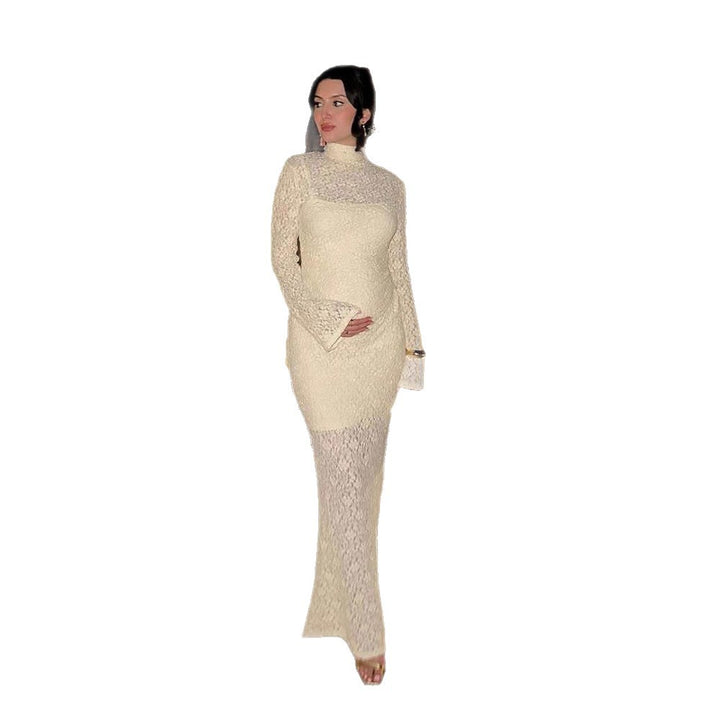 Women Elegant form-fitting Maxi dress made of lace with a stand-up collar and trumpet sleeves Mune Fashion