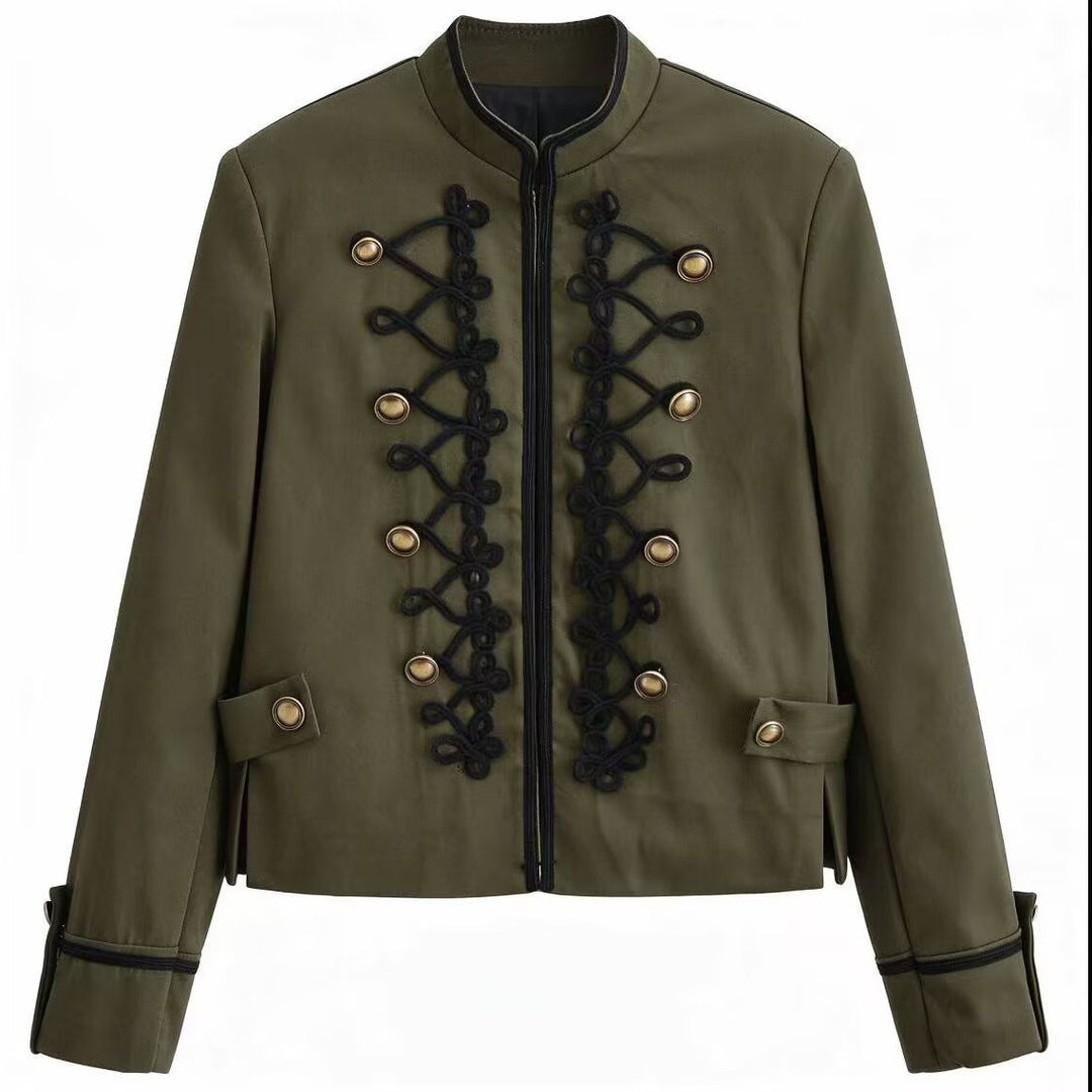 Women Military-Inspired Short Jacket with Stand Collar, Decorative Cords and Gold Buttons Mune Fashion