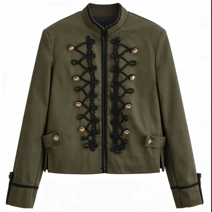 Women Military-Inspired Short Jacket with Stand Collar, Decorative Cords and Gold Buttons Mune Fashion