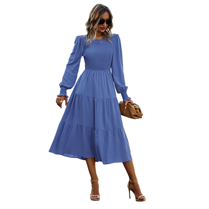Ladies' gathered midi dress with smocked top, balloon-shaped sleeves, and tiered ruffle skirt Mune Fashion