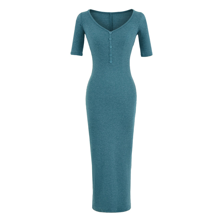 Women's Fitted Midi Dress made of Rib Knit with Button Placket and Half-Length Sleeves Mune Fashion