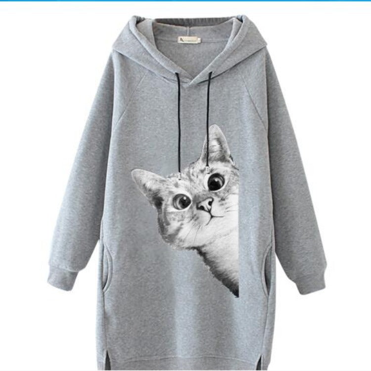 Women's Oversize Hooded Dress with Large Cat Design and Side Pockets Mune Fashion