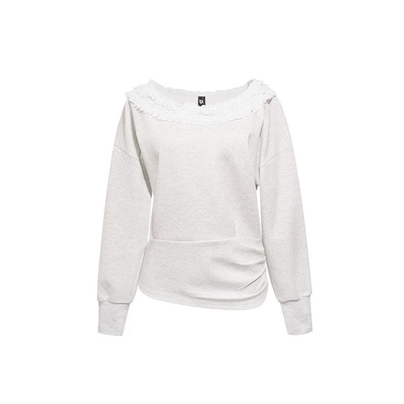 Women's sweatshirt with off-the-shoulder neckline, lace ruffle, and side gathers Mune Fashion