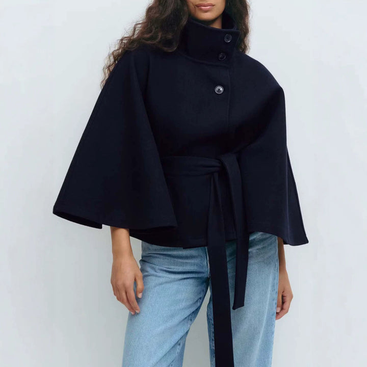 Women's Short Cape Coat with Stand-Up Collar, Oversized Sleeves and Tie Belt Mune Fashion