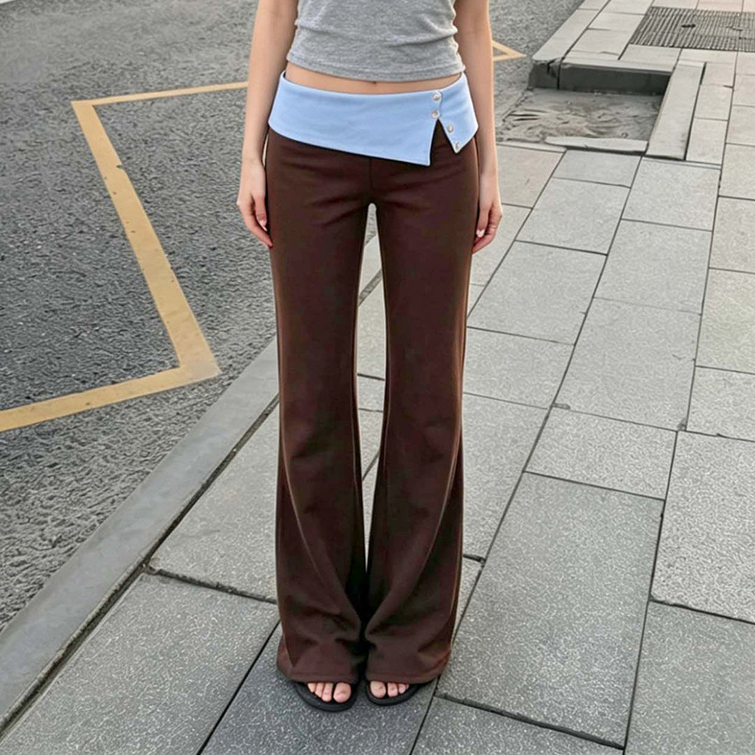 Ladies Jersey Flare Trousers with Asymmetrical Cuff and Decorative Buttons Mune Fashion