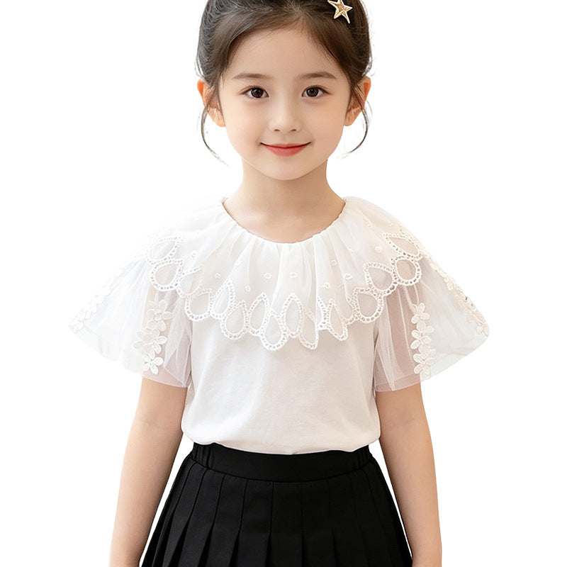 Girls T-Shirt with elegant tulle collar and floral detail Mune Fashion