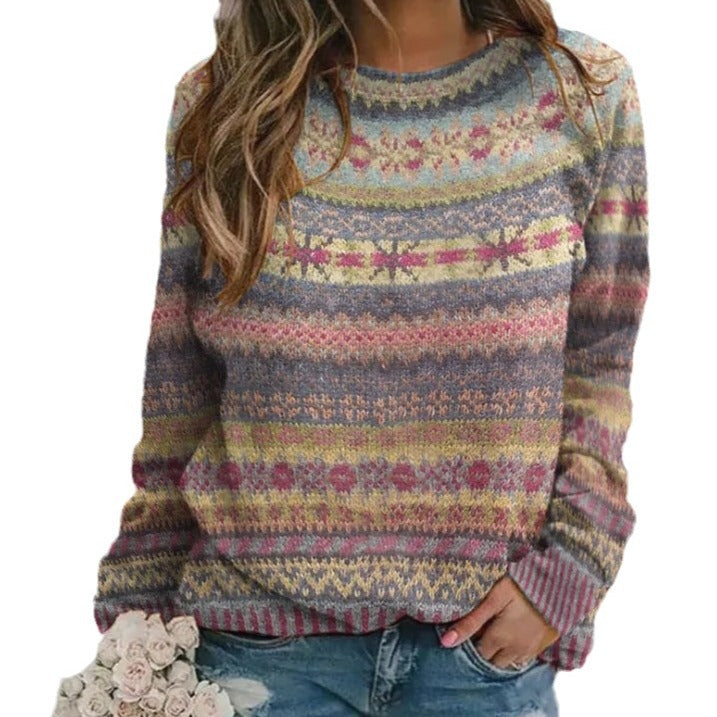 Women's patterned knit sweater with round neck, Fair Isle pattern, and casual oversized fit Mune Fashion