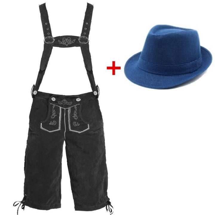 Men's Trachten leather shorts knee-length with adjustable suspenders and felt hat Mune Fashion
