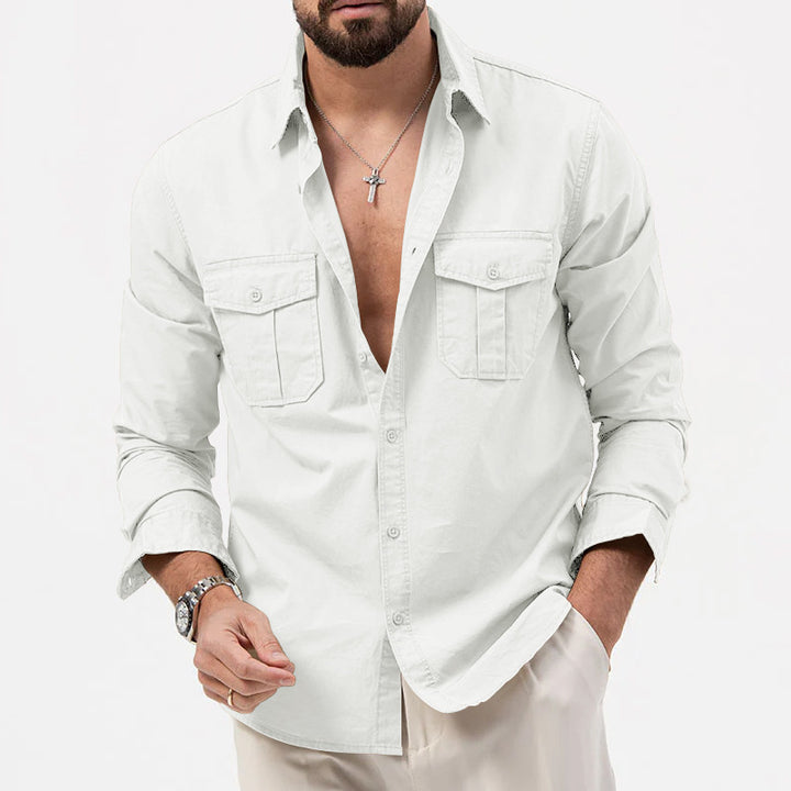 Men's casual long-sleeve shirt with Kent collar, two chest flap pockets, and light cotton stretch Mune Fashion