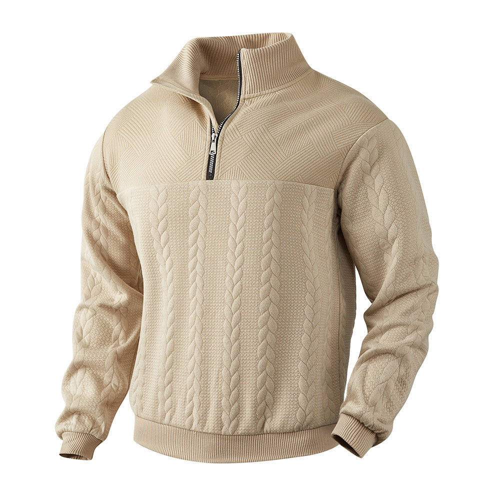 Men's chunky knit troyer pullover with cable pattern, stand collar and half zipper Mune Fashion