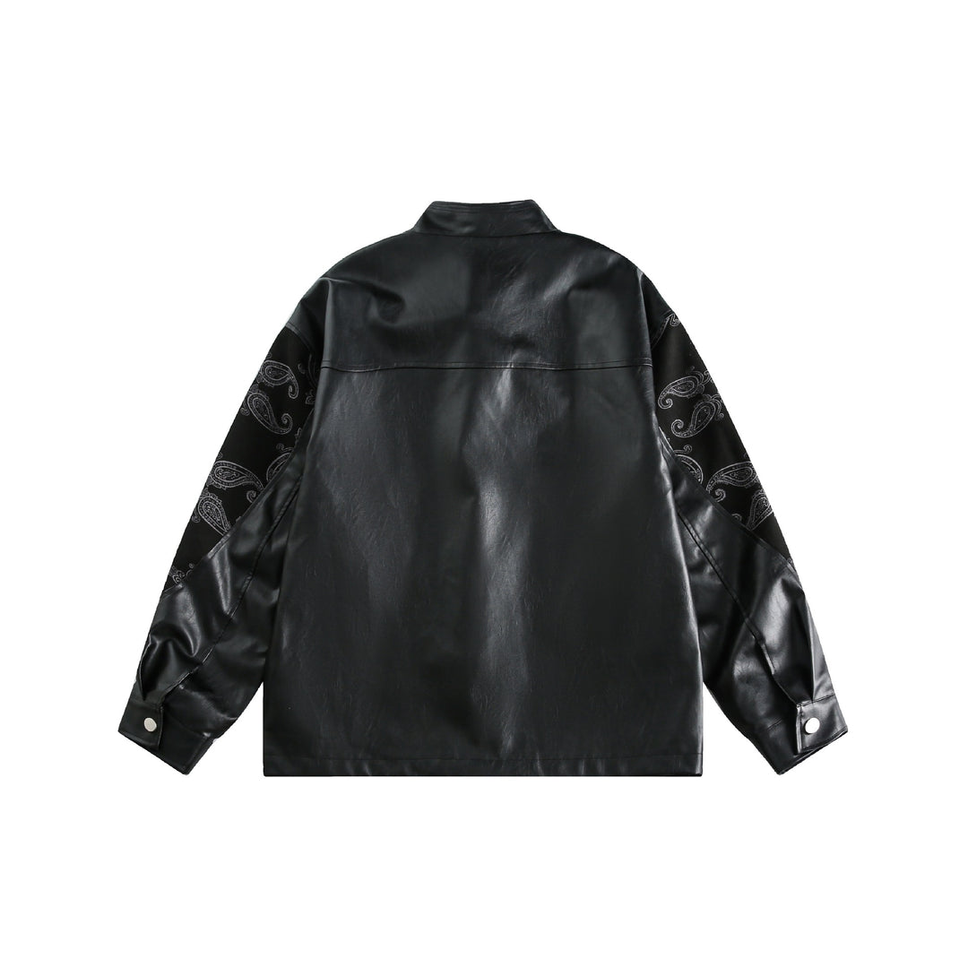 Unisex faux leather bomber jacket with paisley sleeves and toggle closures Mune Fashion